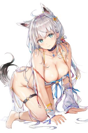 白上フブキ,Hololive,前发,露肩,裸足,水着,脸红,三股辫,胸部,项圈,cleavage,发饰,巨乳,长发,视线正对,nopan,紫发,银发,笑顔,single,泳装,超长发,Vtuber,白背景