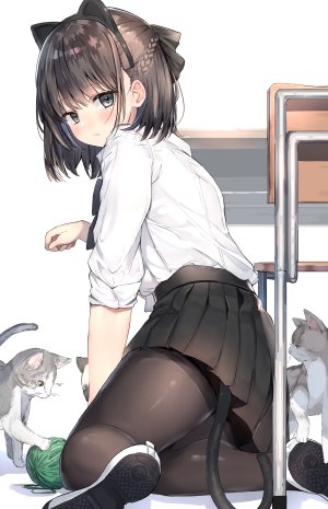 原创,ranf,兽耳,前发,黑丝,脸红,三股辫,猫耳,猫尾,视线正对,衬衫,短裙,single,白背景