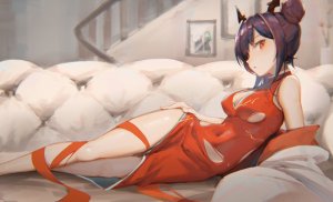 明日方舟,saltysaltysalt,single,视线正对,短发,highres,前发,開いた口,胸部,红色眼,传统服装,爆衣