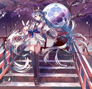 初音ミク,雪音,VOCALOID,akira,呆毛,动物,铃,黑丝,碧眼,青发,脸红,兔子,樱花,双团子头,全身,手套,holding,长发,開いた口,短裙,笑顔,雪花,双马尾