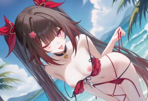 cc_lin,花火,崩坏：星穹铁道,海滩,水着,黑发,breasts,项圈,发饰,长发,露脐,nipples,挤眼,紫色眼,猫咪,天空,single,泳装,双马尾,uncensored,超长发