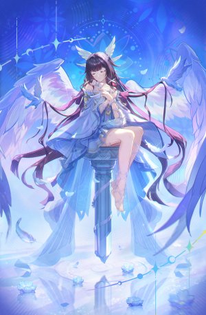 原神,コロンビーナ,manyu_chapaofan,single,長身像,前发,highres,坐姿,紫发,全身,直刘海,超长发,少女,动物,翅膀