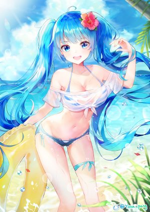 VOCALOID,初音ミク,yuna,长发,single,長身像,脸红,视线正对,開いた口,碧眼,胸部,前发,笑顔,双马尾,露肩,青发,holding,天空