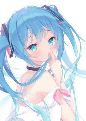 初音ミク,VOCALOID,前发,露肩,青发,脸红,连衣裙,长发,视线正对,single,双马尾,白背景