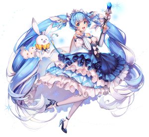 初音ミク,雪ミク,雪音,天命之子,kkuem,碧眼,青发,脸红,兔子,皇冠,连衣裙,发饰,长发,视线正对,開いた口,笑顔,双马尾,VOCALOID,白丝