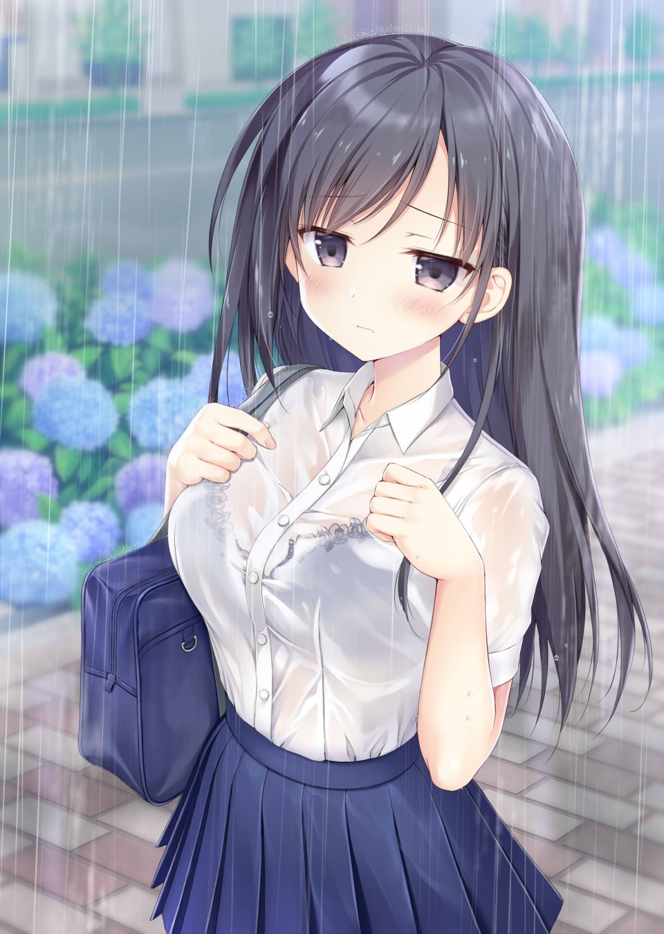 原创 梱枝りこ 前发 黑发 Bra 茶发 Rain 学校制服