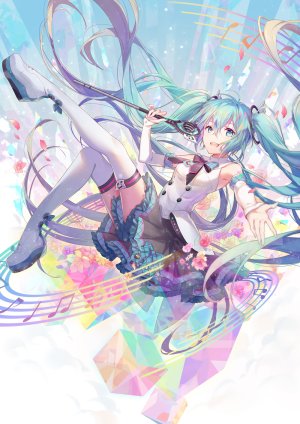 VOCALOID,魔法未来演唱会,初音ミク,ouu_min,single,長身像,前发,開いた口,双马尾,全身,少女,黑丝